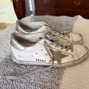 Golden Goose White and Silver Sneakers